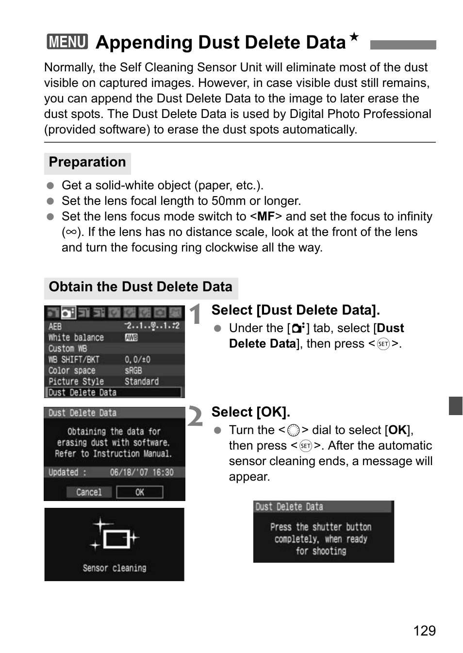 3appending dust delete data n | Canon EOS 40D User Manual | Page 129 / 196