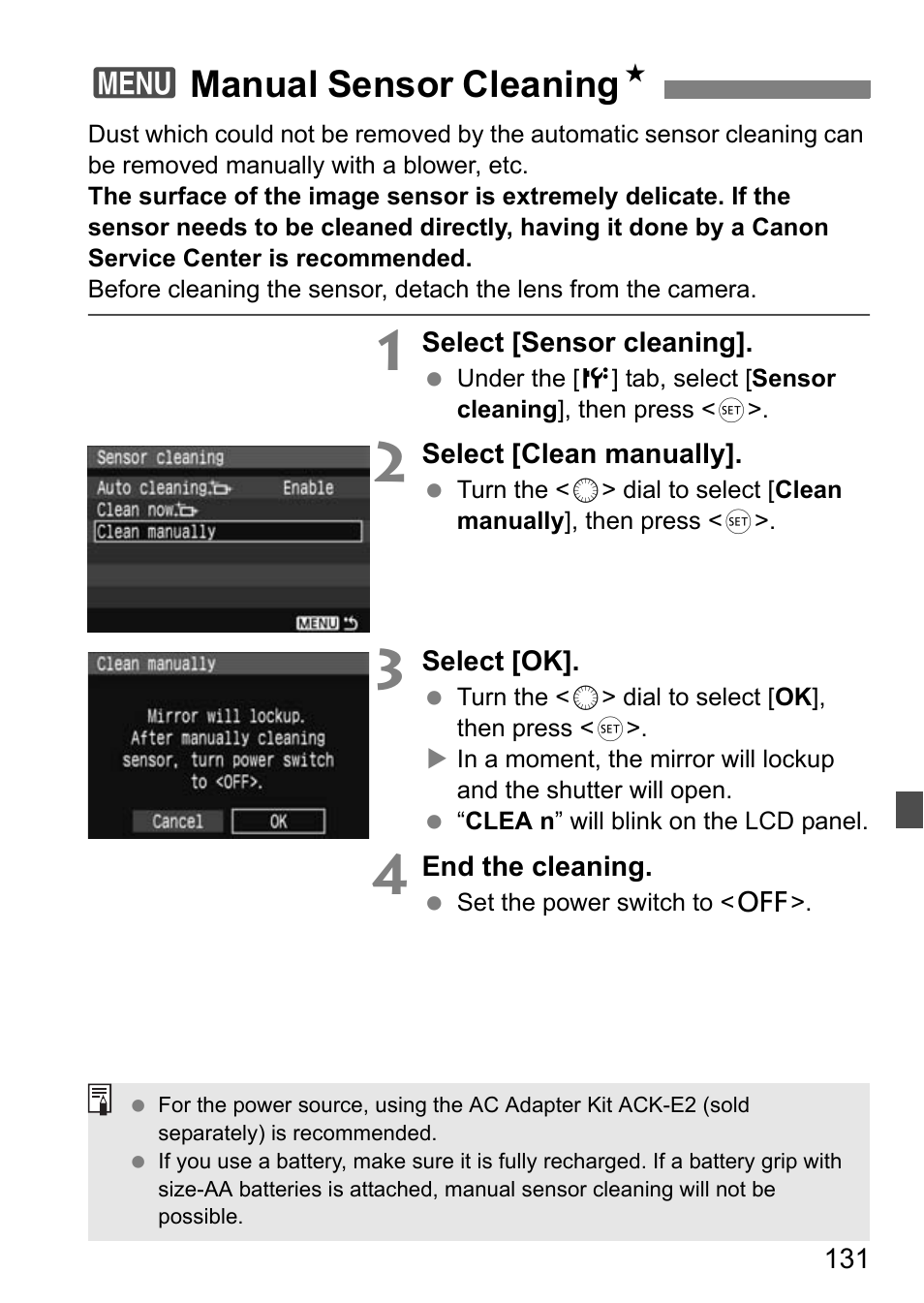 3manual sensor cleaning n | Canon EOS 40D User Manual | Page 131 / 196