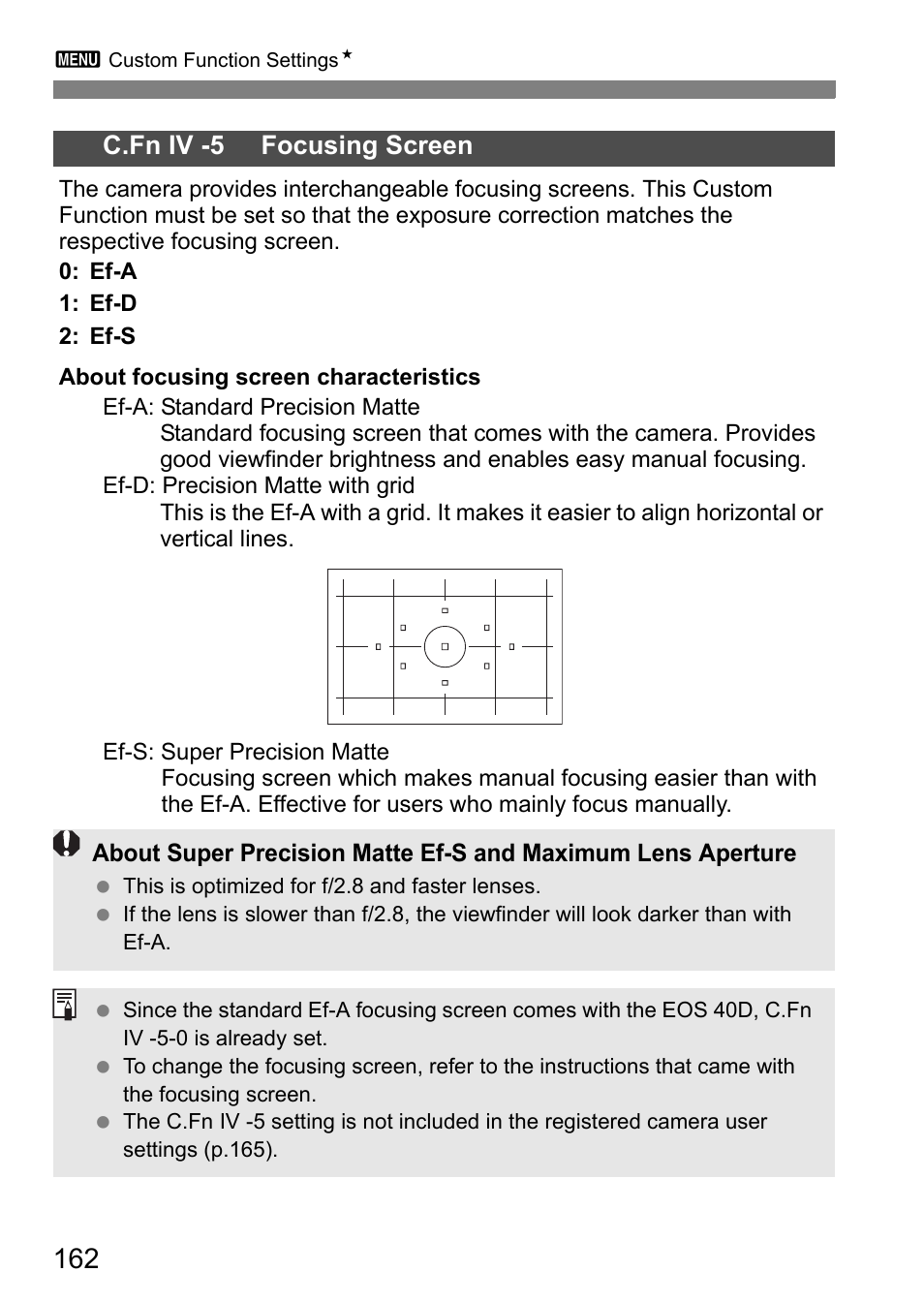 C.fn iv -5 focusing screen | Canon EOS 40D User Manual | Page 162 / 196