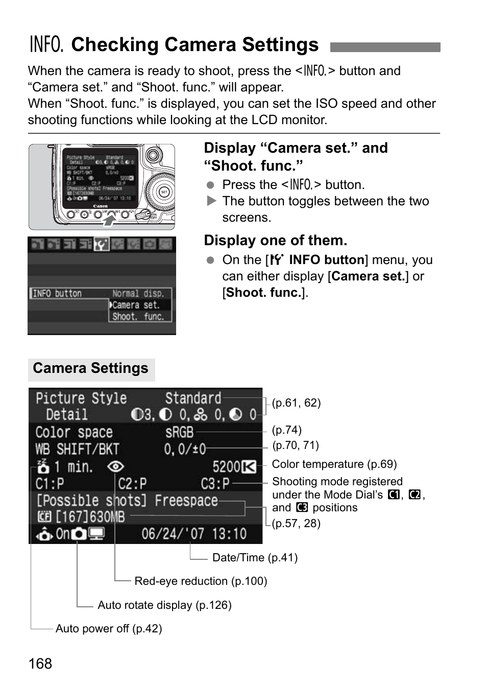 Bchecking camera settings, Display “camera set.” and “shoot. func, Display one of them | Camera settings | Canon EOS 40D User Manual | Page 168 / 196