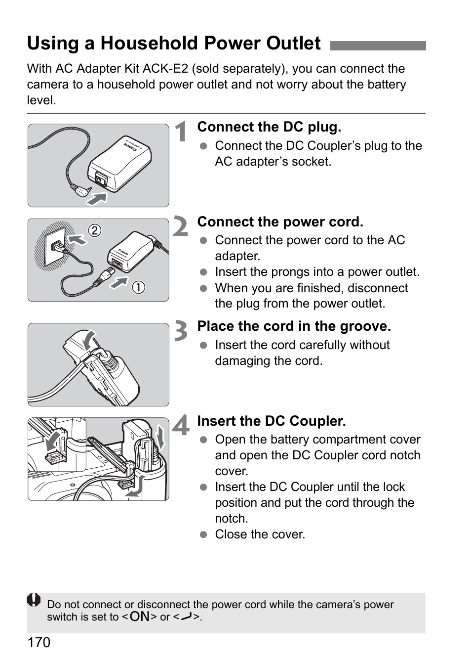 Using a household power outlet | Canon EOS 40D User Manual | Page 170 / 196