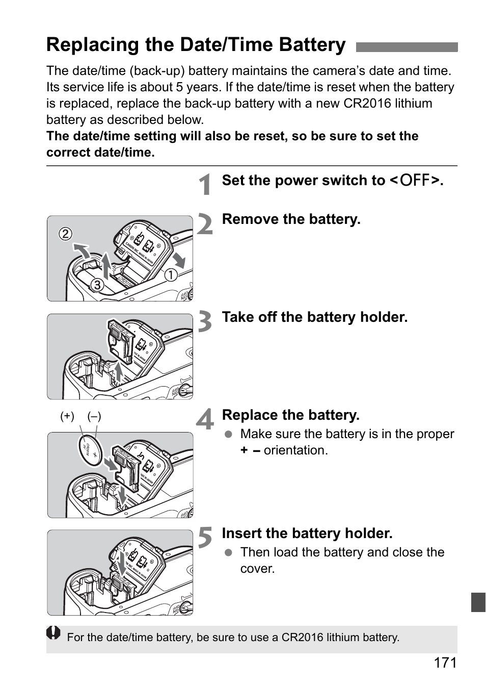 Replacing the date/time battery | Canon EOS 40D User Manual | Page 171 / 196