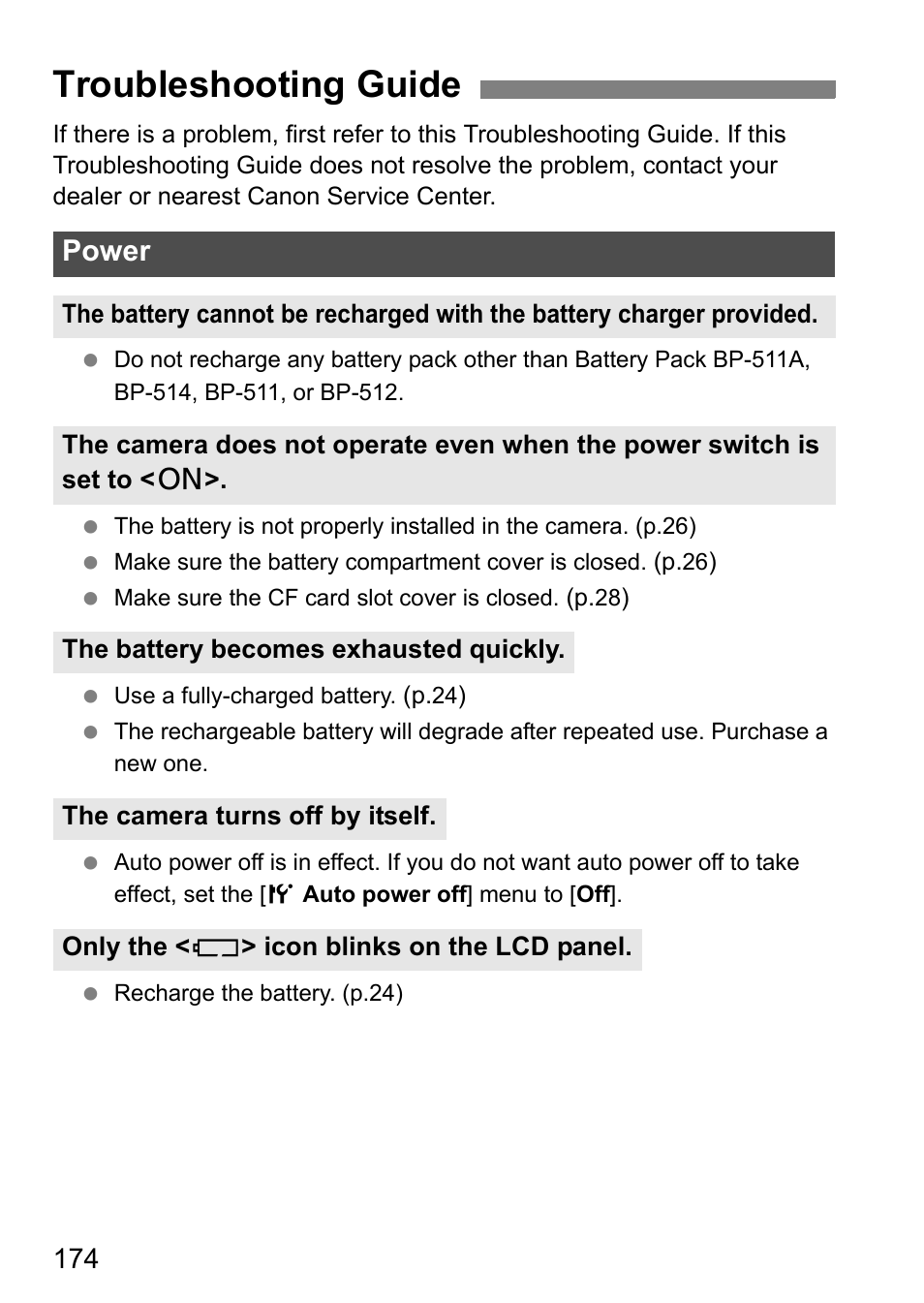 Troubleshooting guide, Power | Canon EOS 40D User Manual | Page 174 / 196