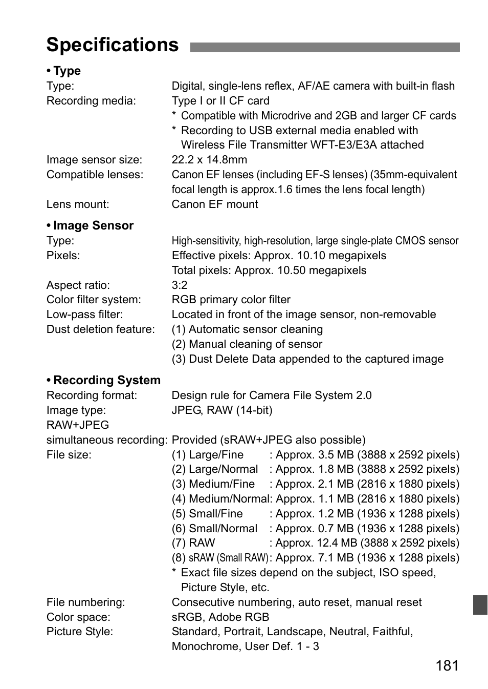 Specifications | Canon EOS 40D User Manual | Page 181 / 196