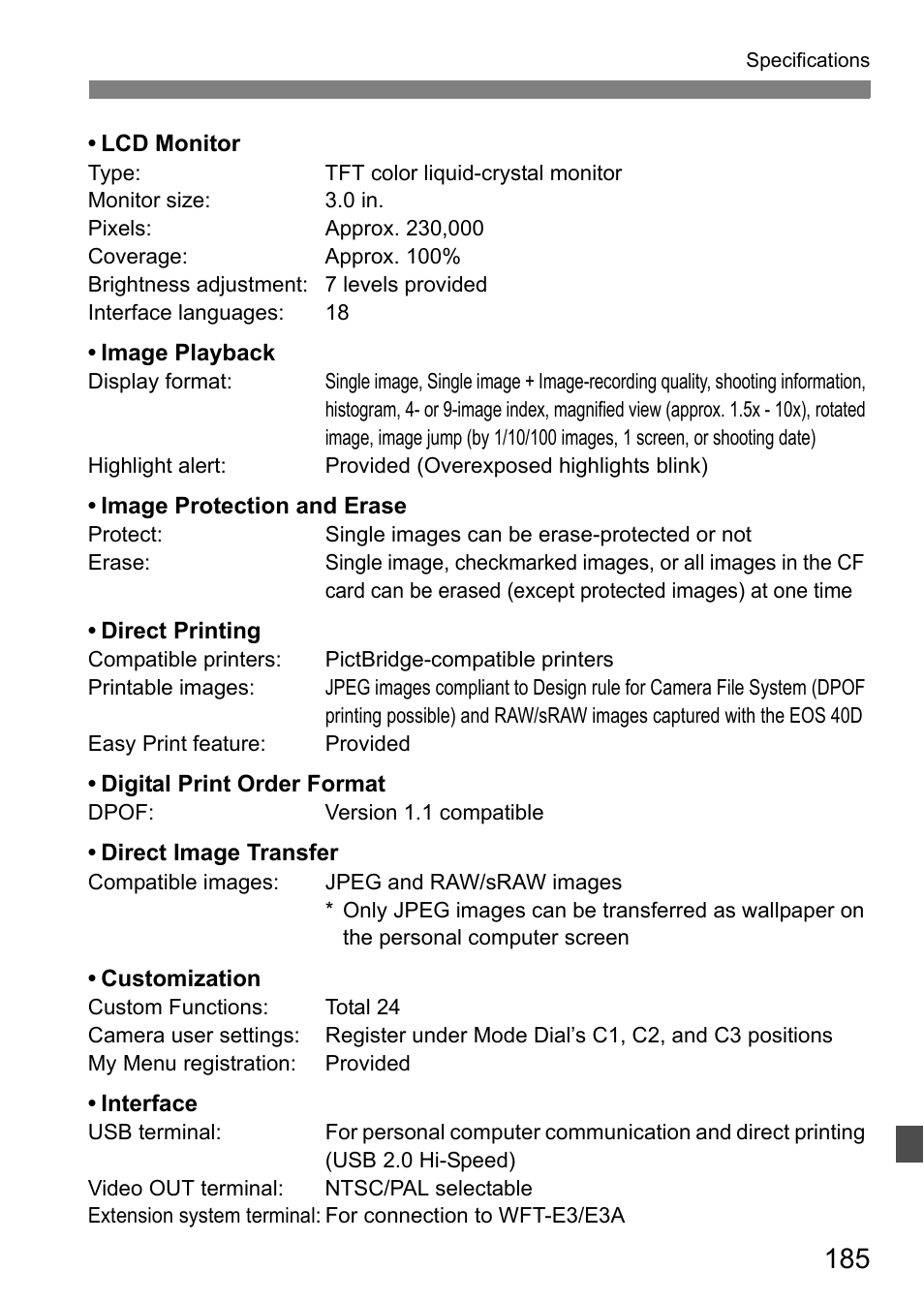 Canon EOS 40D User Manual | Page 185 / 196