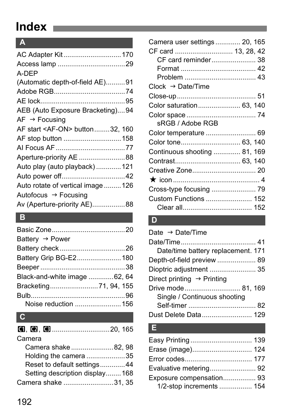 Index | Canon EOS 40D User Manual | Page 192 / 196