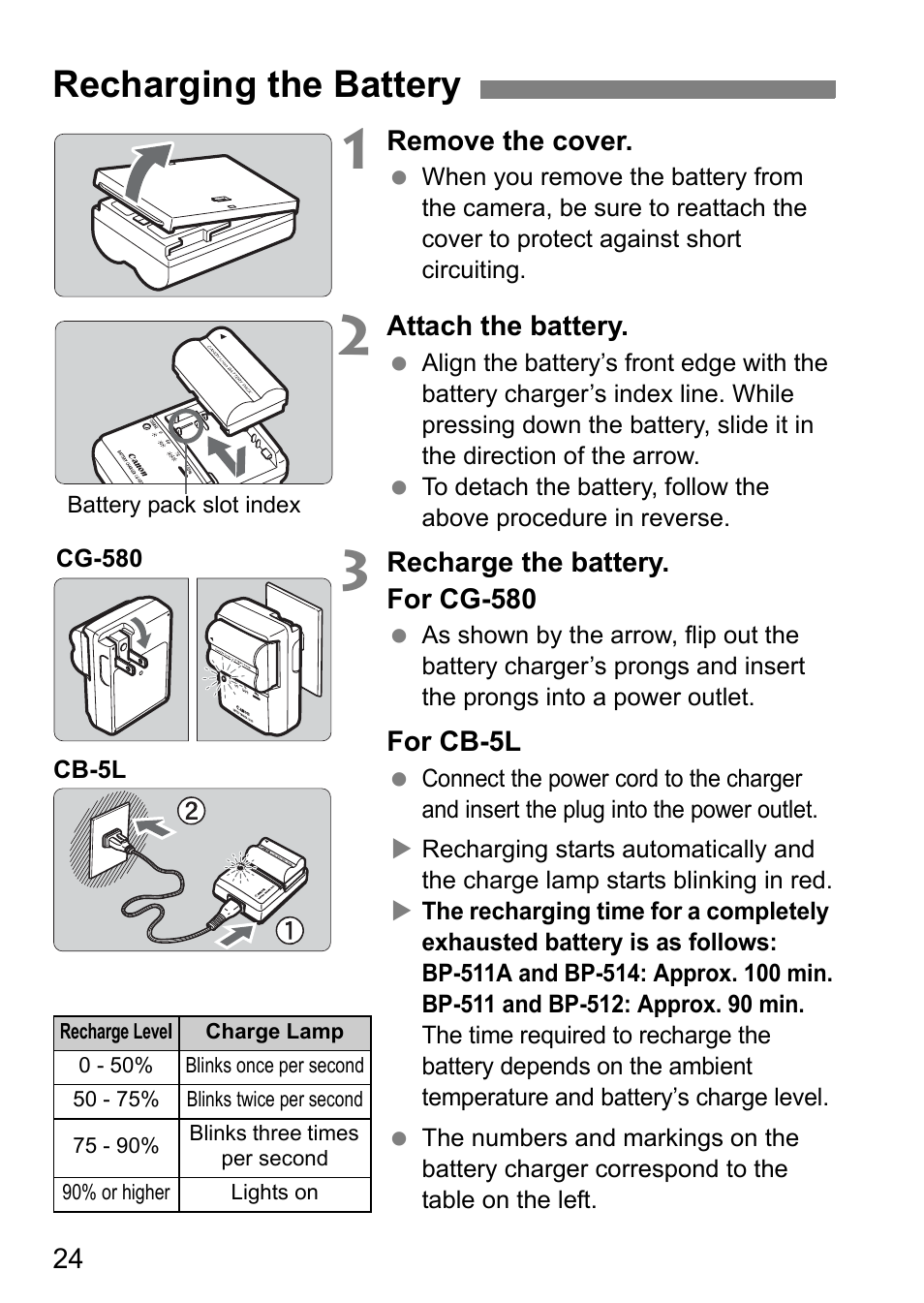 Recharging the battery | Canon EOS 40D User Manual | Page 24 / 196