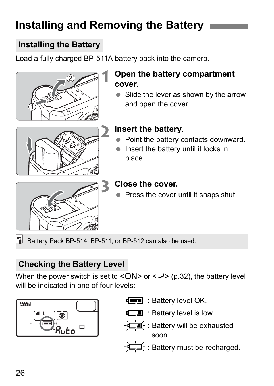 Installing and removing the battery | Canon EOS 40D User Manual | Page 26 / 196