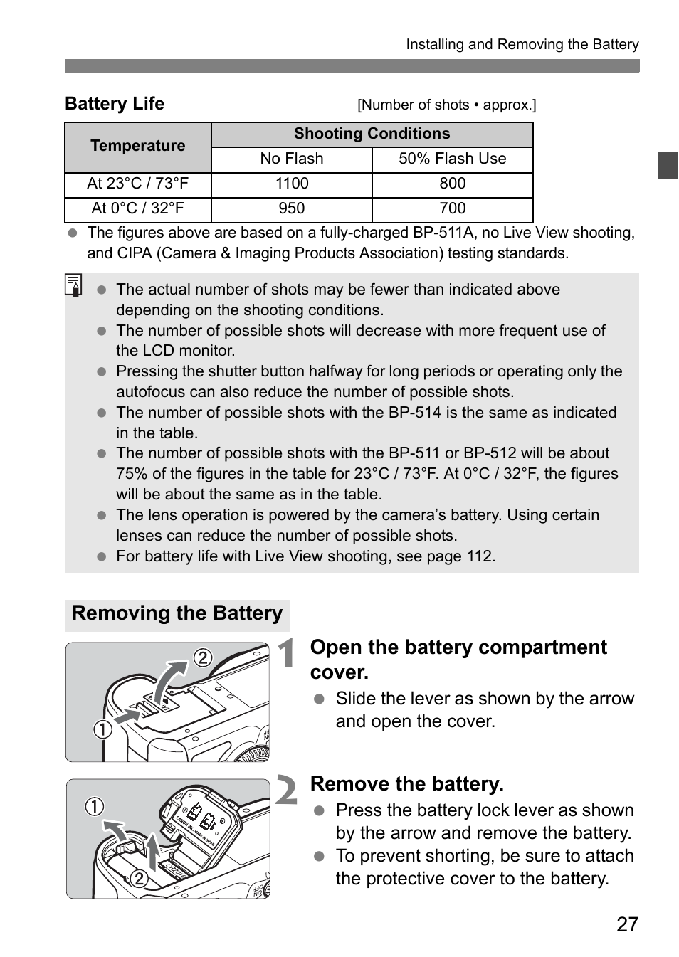 Open the battery compartment cover, Remove the battery, Removing the battery | Canon EOS 40D User Manual | Page 27 / 196