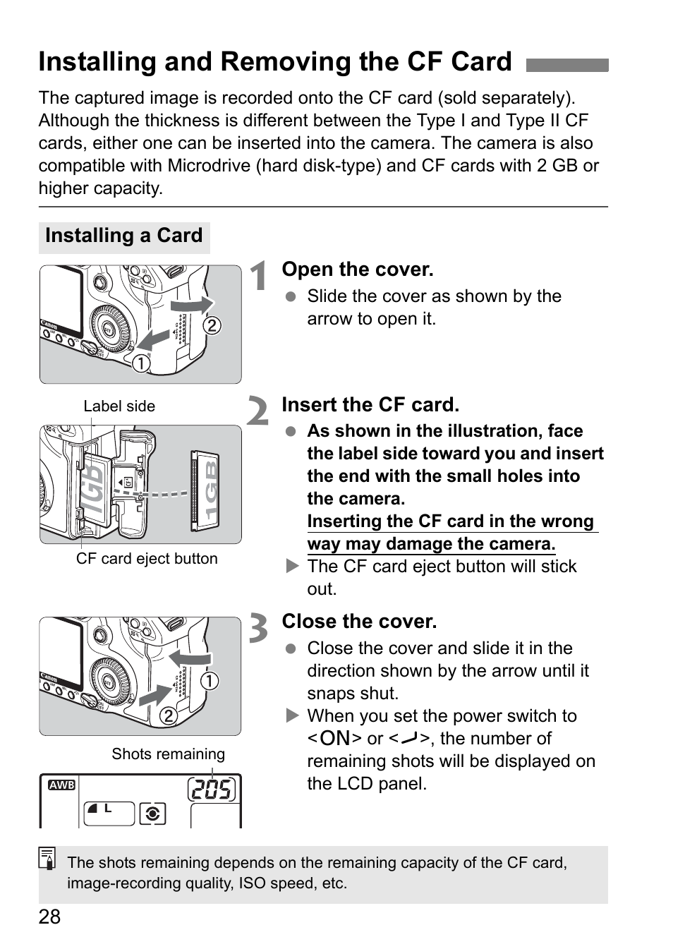 Installing and removing the cf card | Canon EOS 40D User Manual | Page 28 / 196