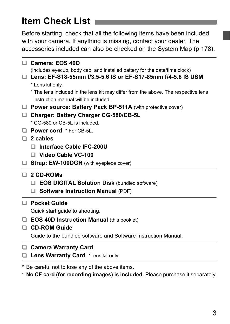 Item check list | Canon EOS 40D User Manual | Page 3 / 196