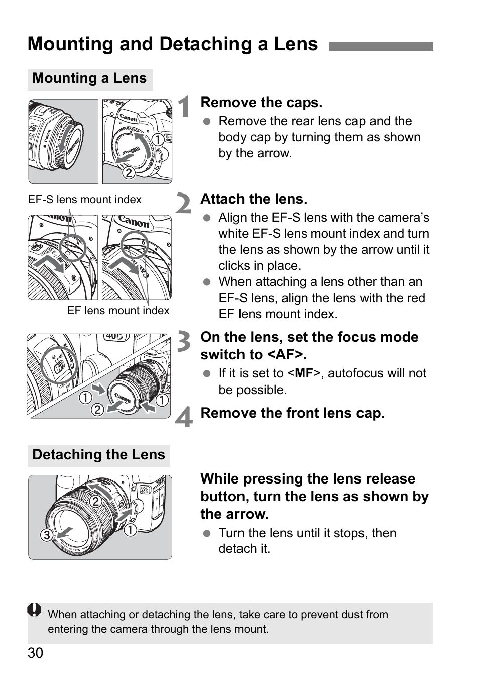 Mounting and detaching a lens | Canon EOS 40D User Manual | Page 30 / 196