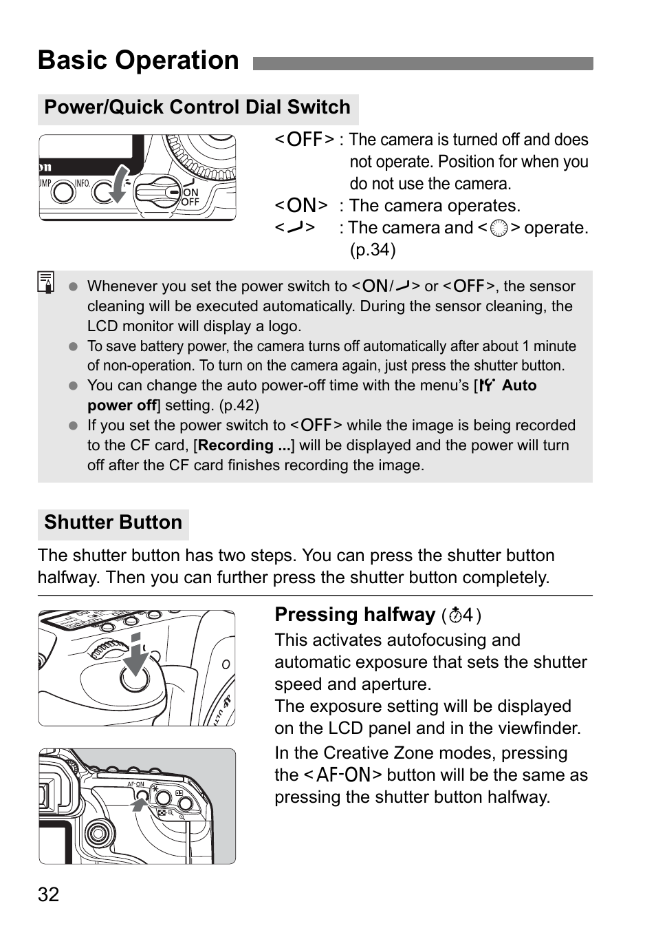 Basic operation, Pressing halfway, Power/quick control dial switch shutter button | Canon EOS 40D User Manual | Page 32 / 196