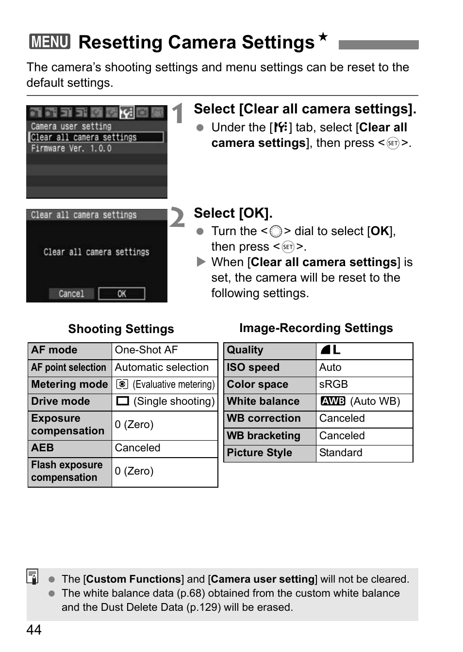 3resetting camera settings n, Select [clear all camera settings, Select [ok | Canon EOS 40D User Manual | Page 44 / 196