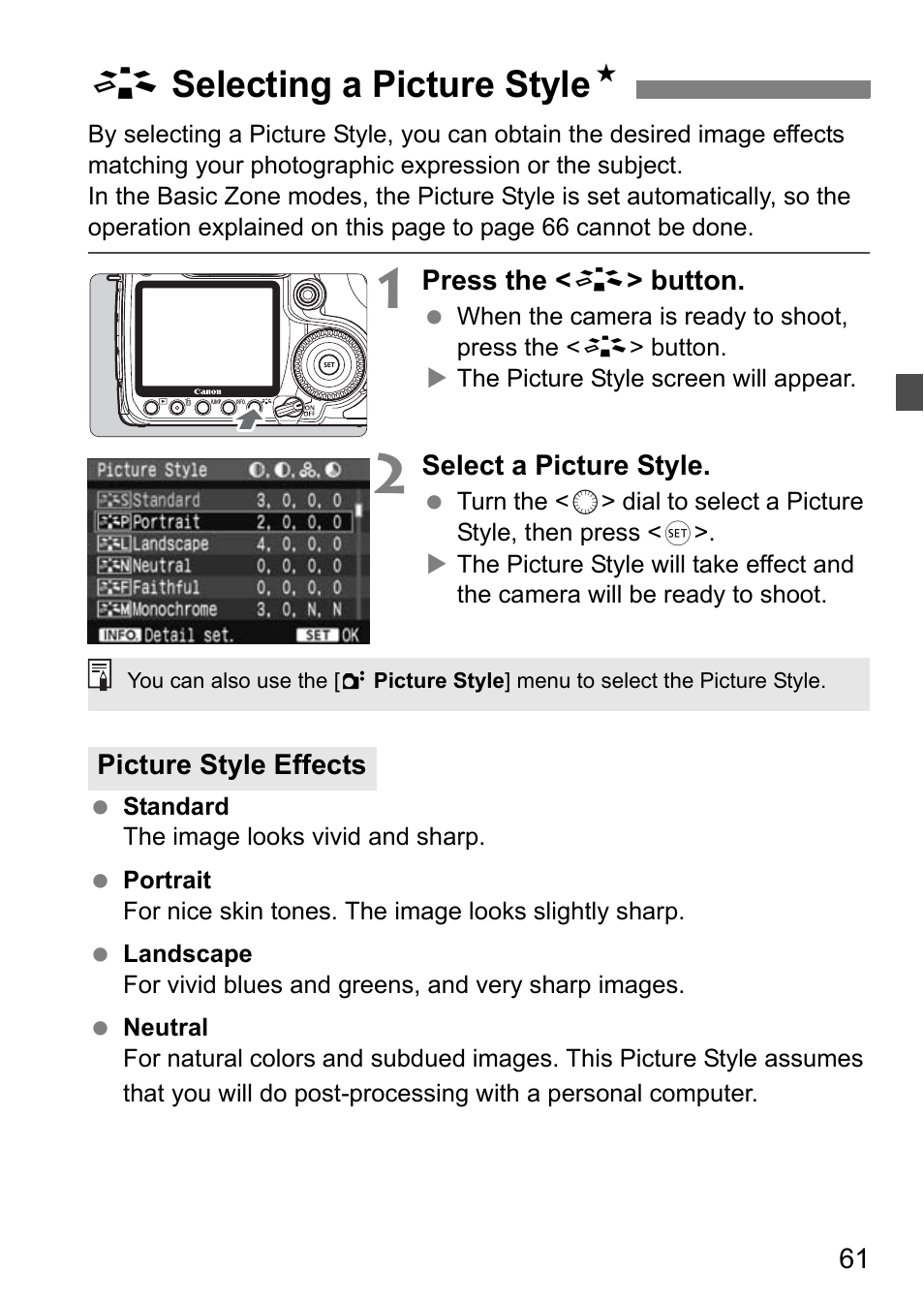 A selecting a picture style n | Canon EOS 40D User Manual | Page 61 / 196