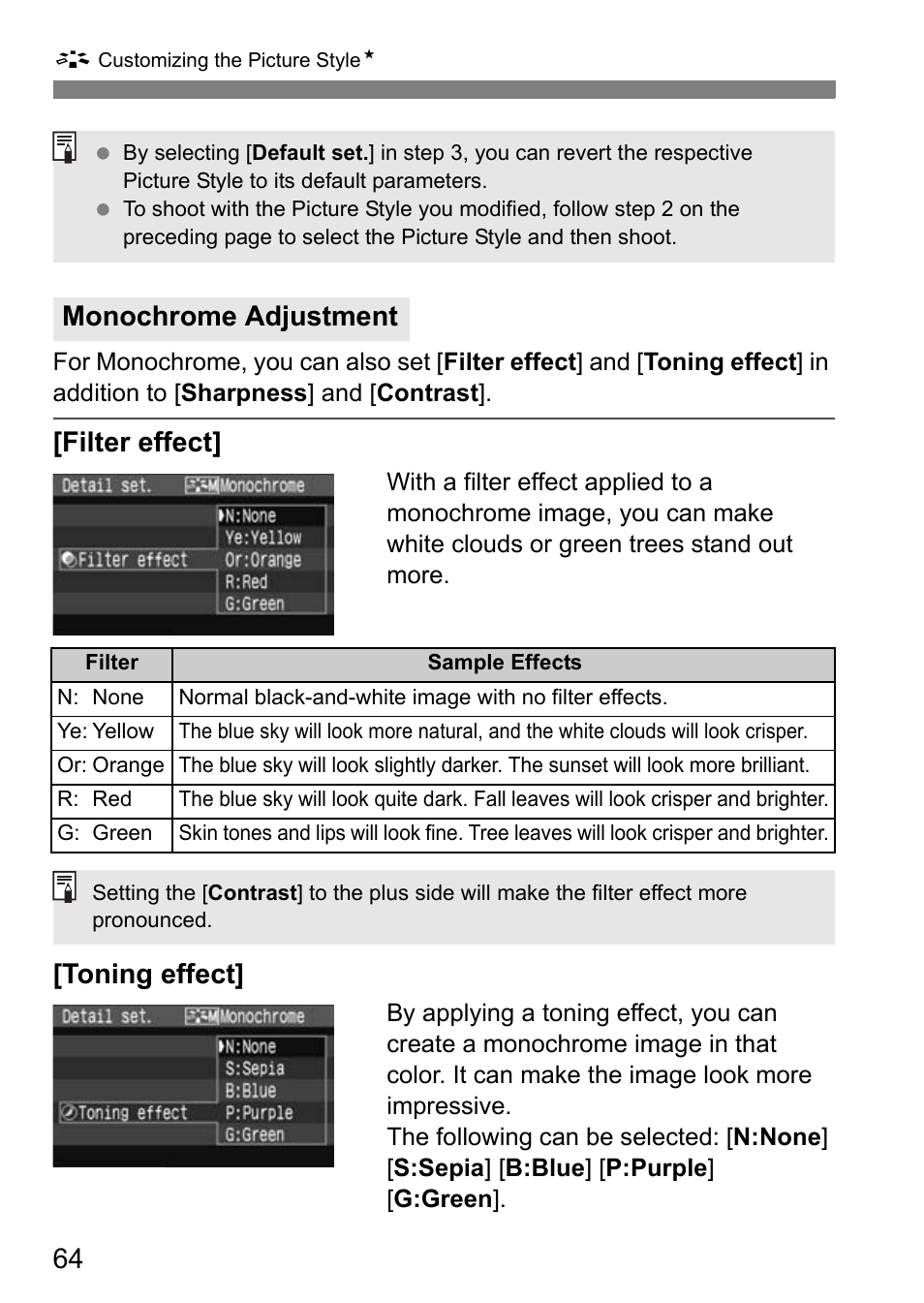 Filter effect, Toning effect, Monochrome adjustment | Canon EOS 40D User Manual | Page 64 / 196