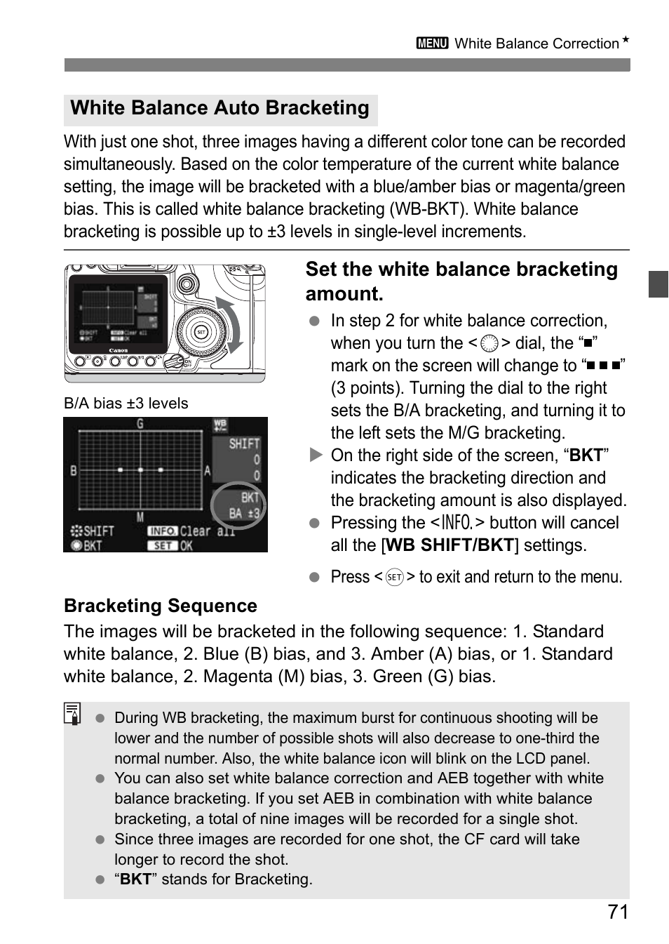 Set the white balance bracketing amount, White balance auto bracketing | Canon EOS 40D User Manual | Page 71 / 196