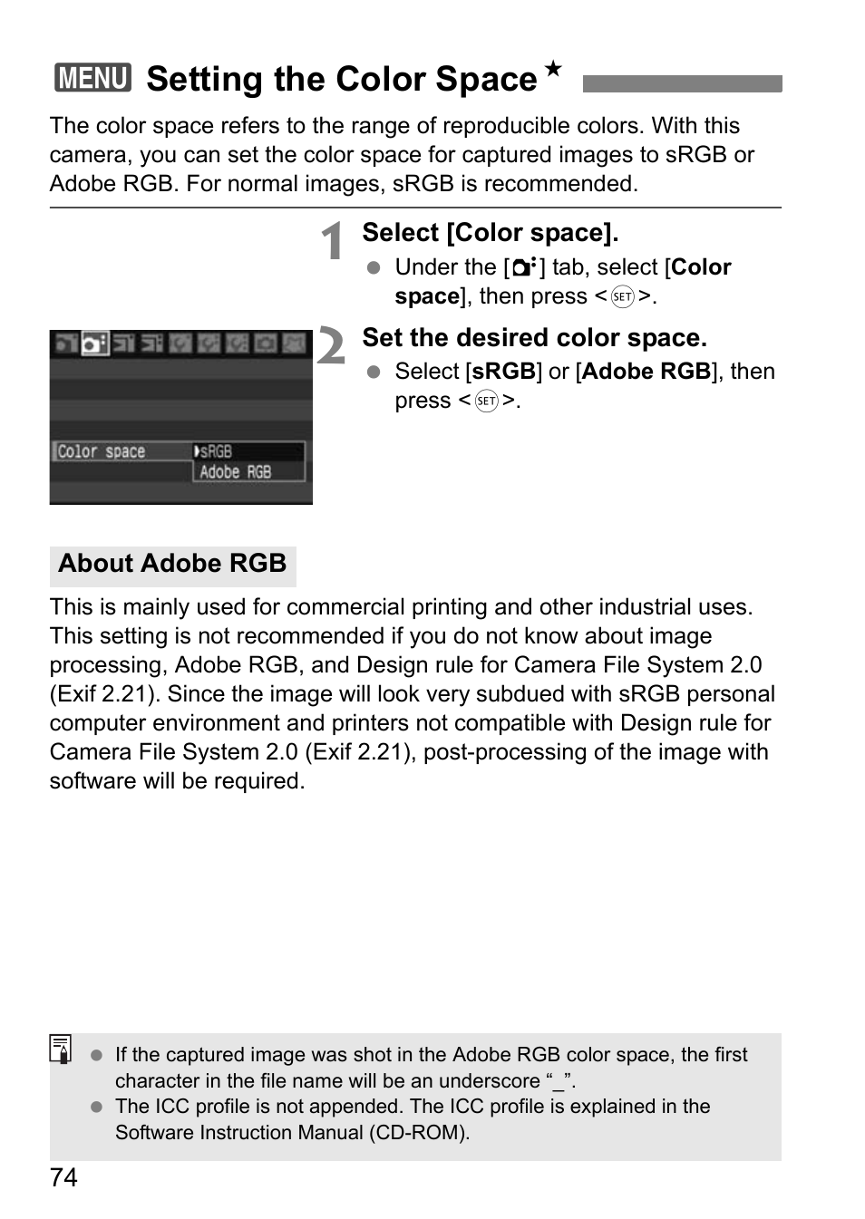 3setting the color space n | Canon EOS 40D User Manual | Page 74 / 196