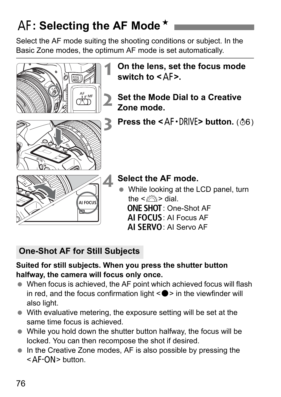 F: selecting the af mode n | Canon EOS 40D User Manual | Page 76 / 196