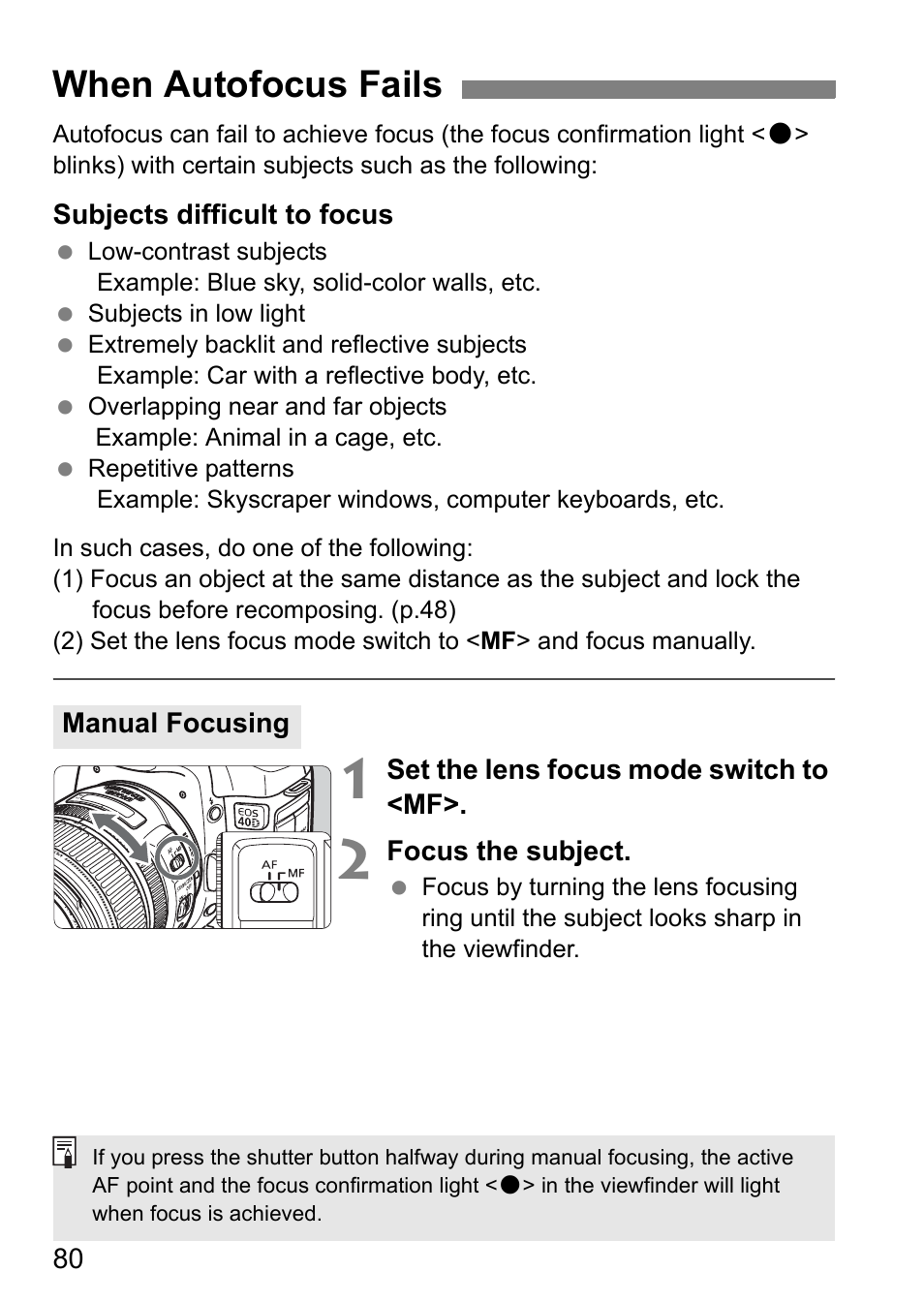 When autofocus fails | Canon EOS 40D User Manual | Page 80 / 196