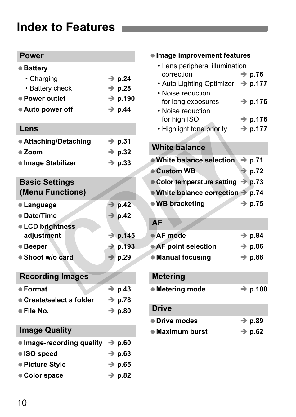 Cop y, Index to features | Canon EOS 50D User Manual | Page 10 / 228
