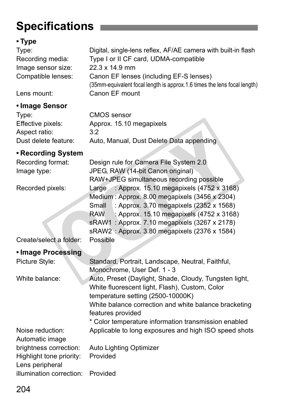 Cop y, Specifications | Canon EOS 50D User Manual | Page 204 / 228