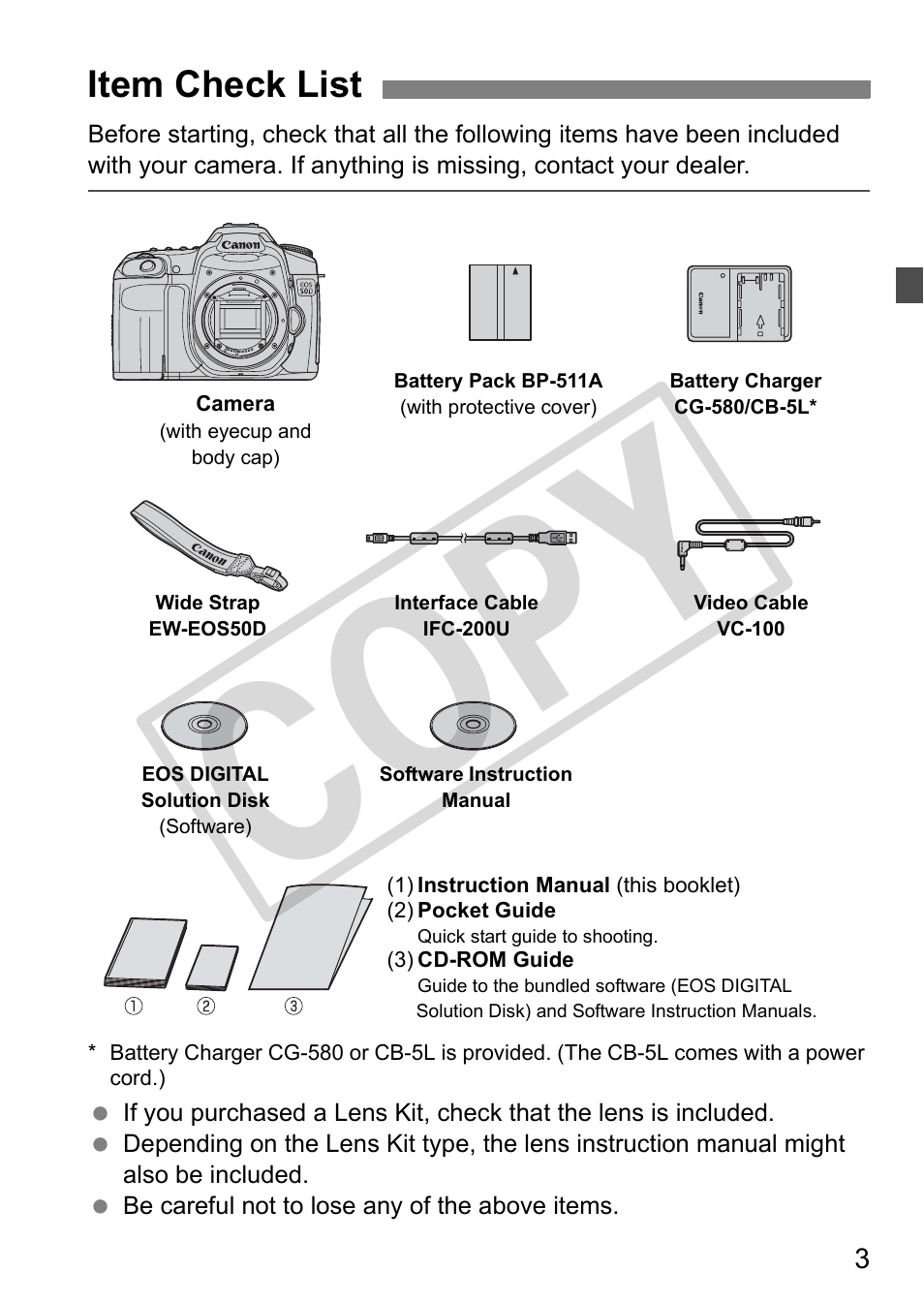 Cop y, Item check list | Canon EOS 50D User Manual | Page 3 / 228