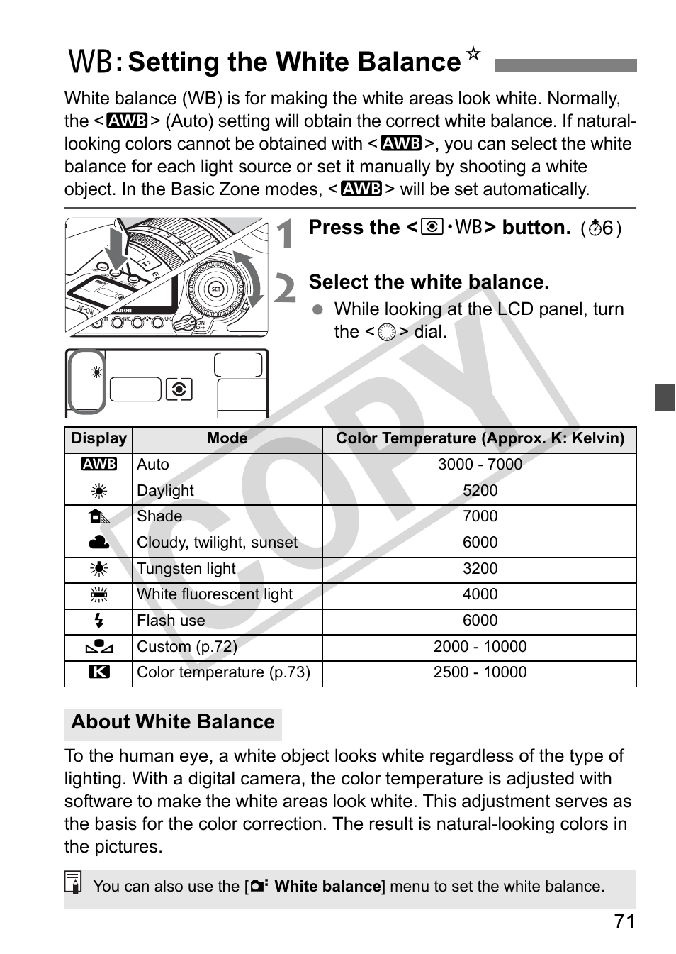 Cop y, B: setting the white balance n | Canon EOS 50D User Manual | Page 71 / 228