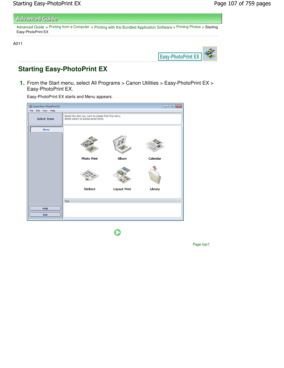 Starting easy-photoprint ex | Canon mp495 User Manual | Page 107 / 759