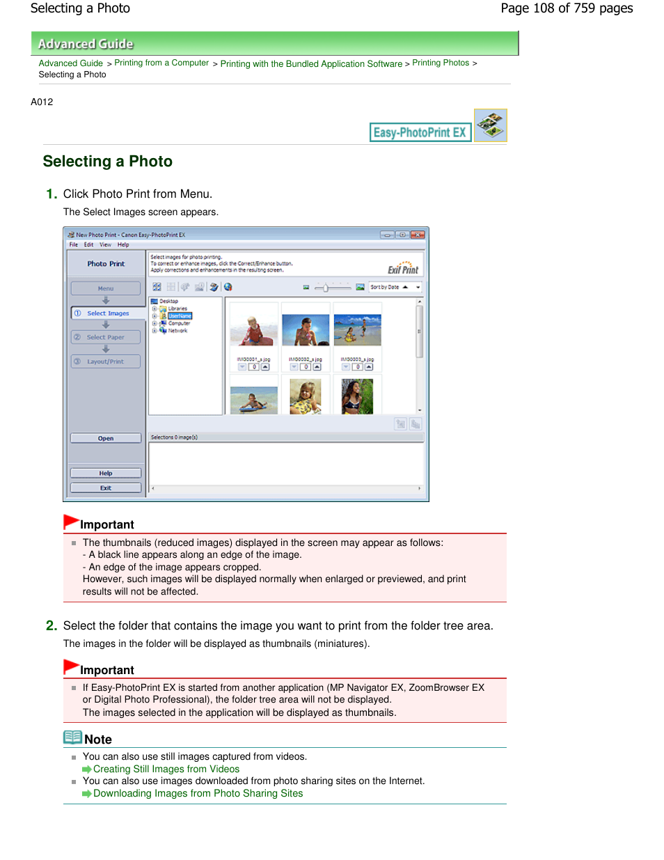 Selecting a photo | Canon mp495 User Manual | Page 108 / 759