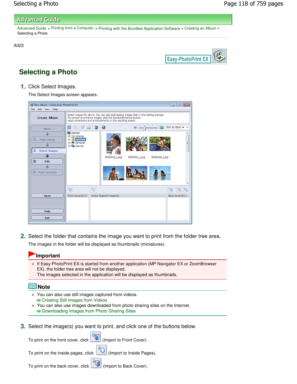 Selecting a photo | Canon mp495 User Manual | Page 118 / 759