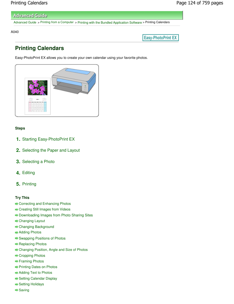 Printing calendars | Canon mp495 User Manual | Page 124 / 759