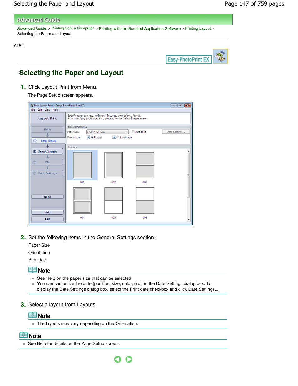 Selecting the paper and layout | Canon mp495 User Manual | Page 147 / 759