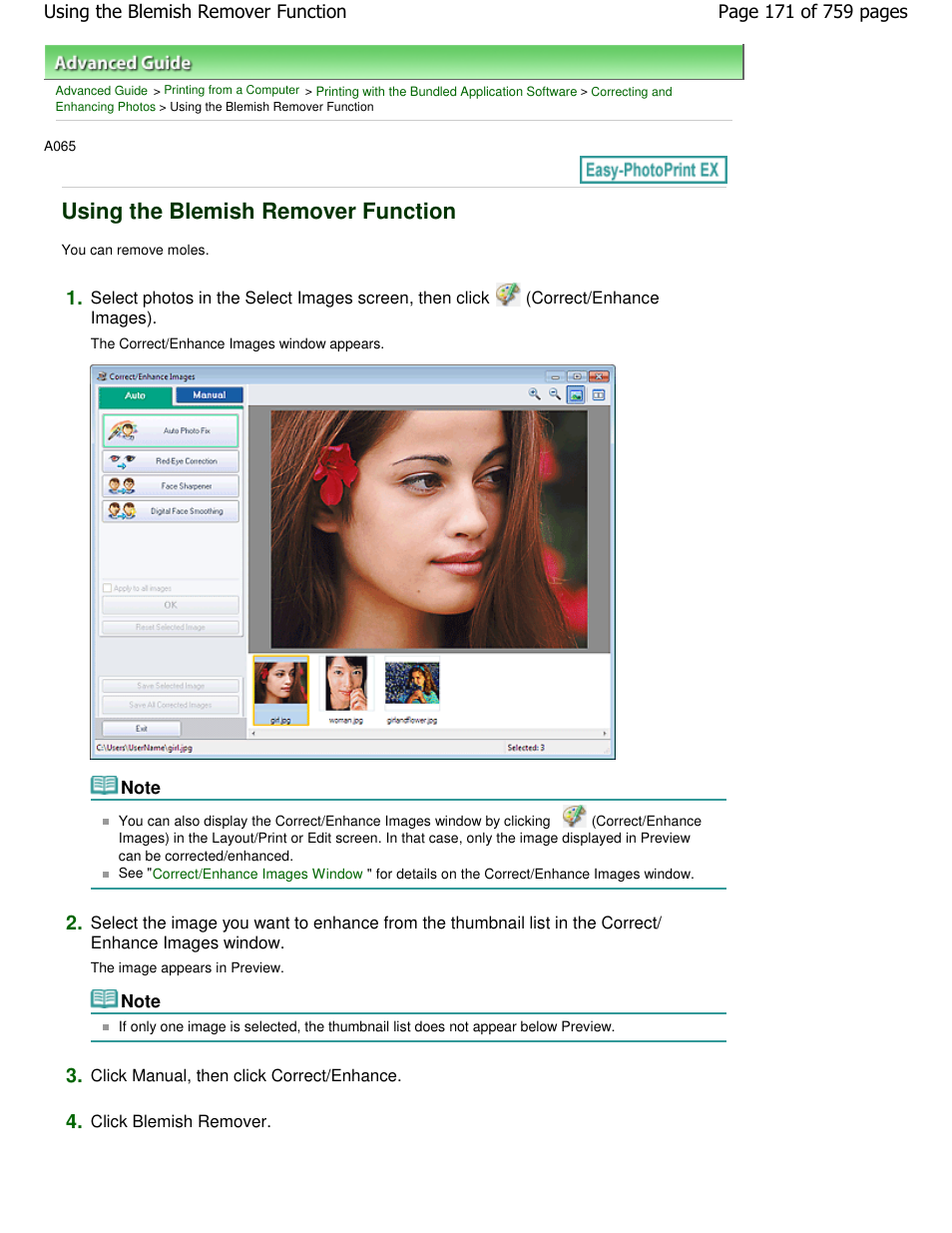 Using the blemish remover function | Canon mp495 User Manual | Page 171 / 759