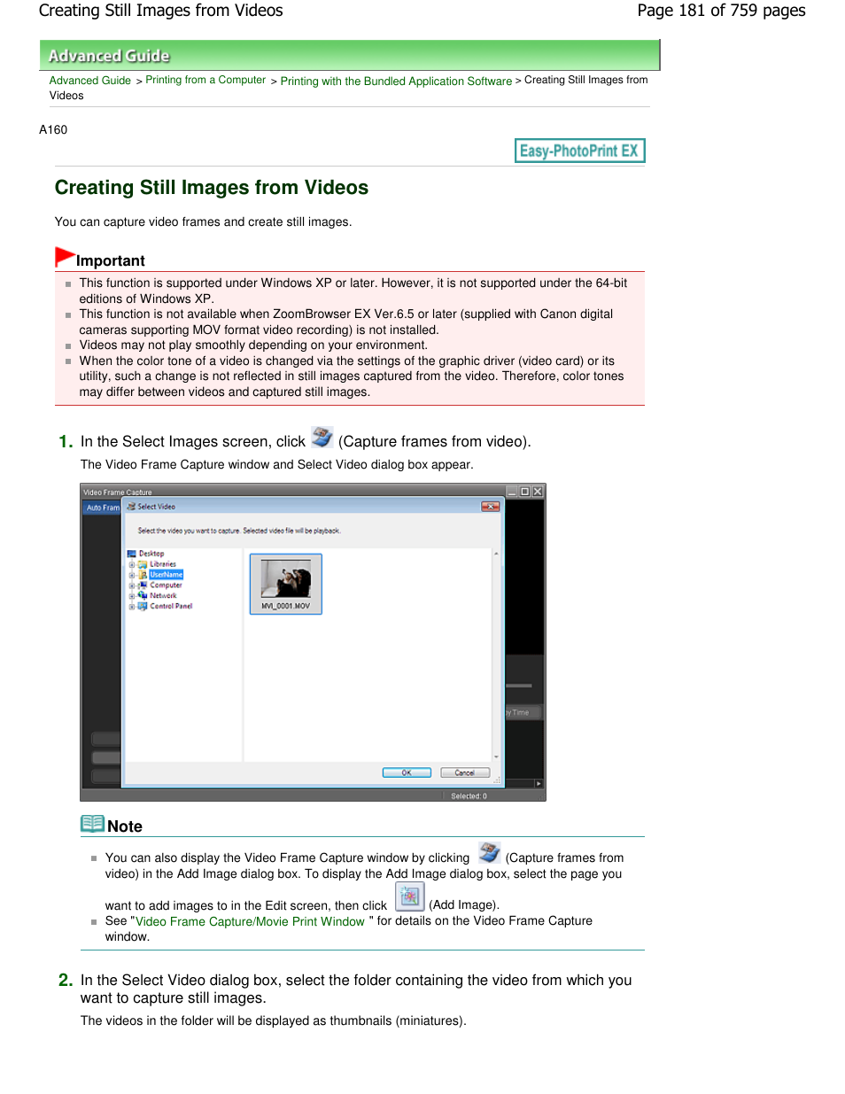 Creating still images from videos | Canon mp495 User Manual | Page 181 / 759
