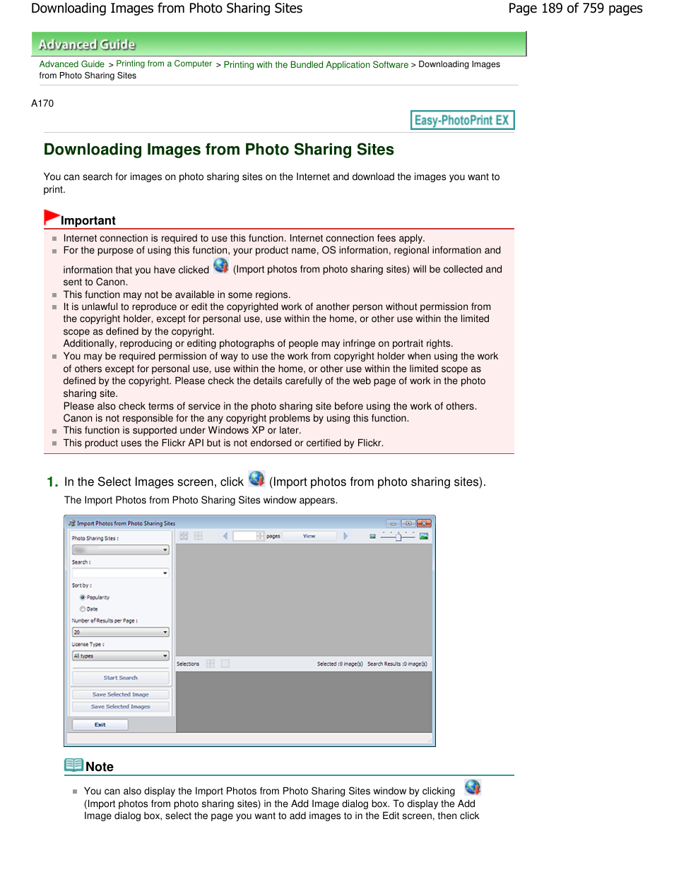 Downloading images from photo sharing sites | Canon mp495 User Manual | Page 189 / 759