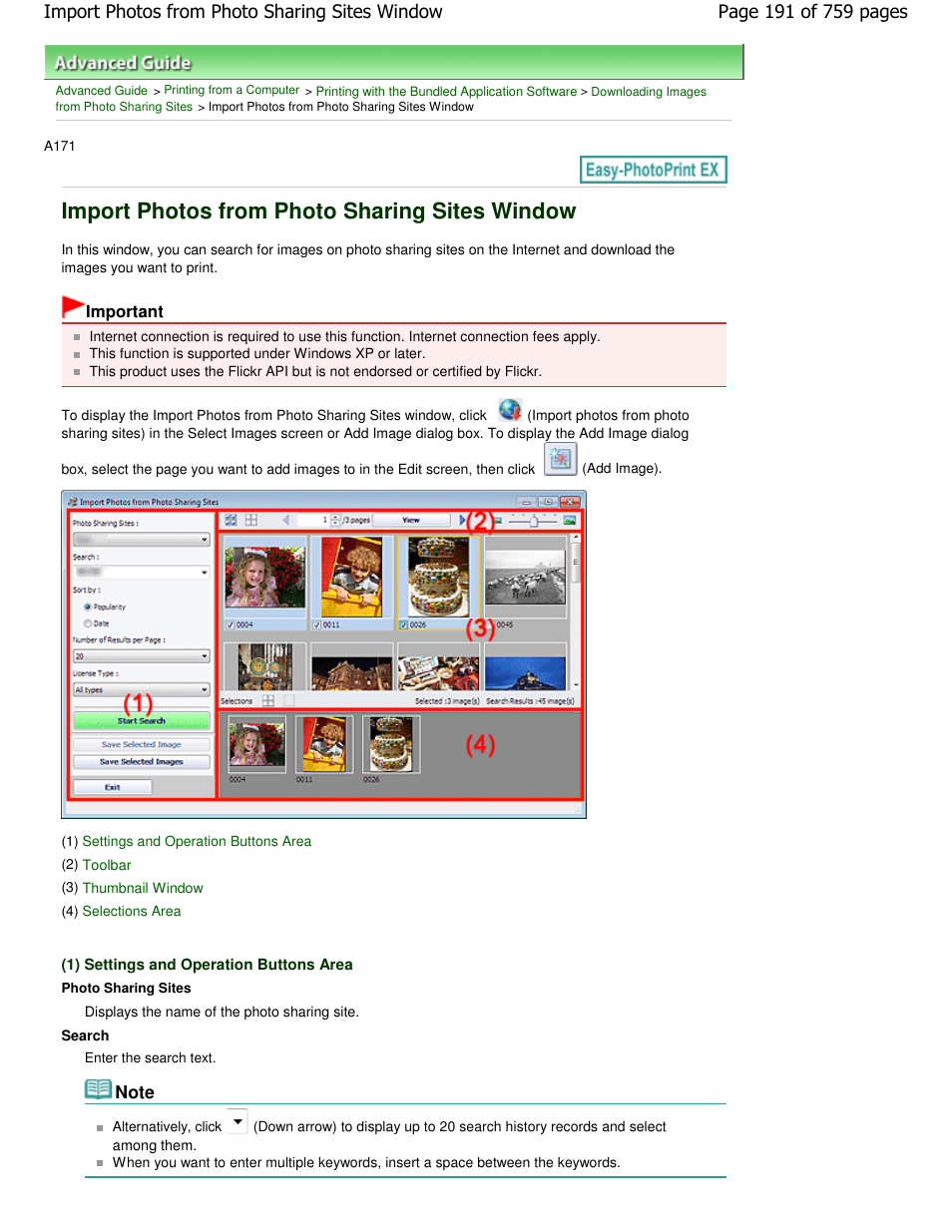 Import photos from photo sharing sites window | Canon mp495 User Manual | Page 191 / 759