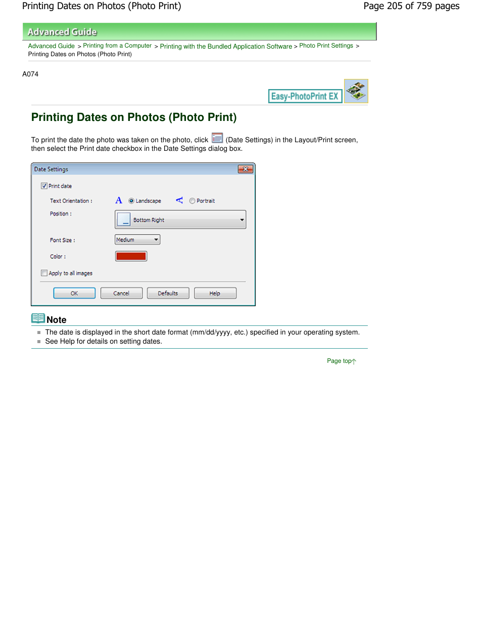 Printing dates on photos (photo print) | Canon mp495 User Manual | Page 205 / 759
