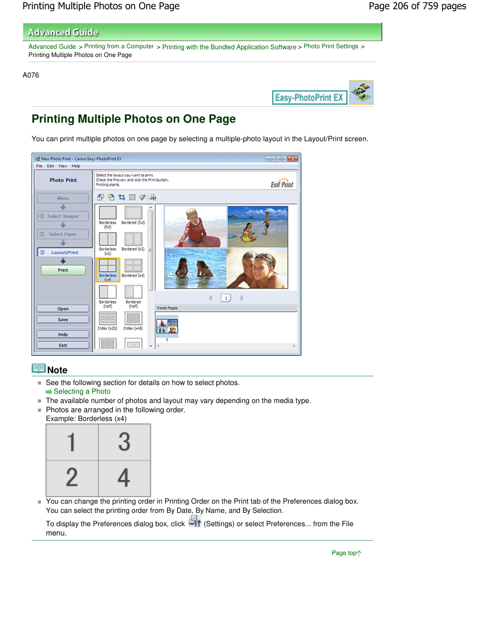 Printing multiple photos on one page | Canon mp495 User Manual | Page 206 / 759