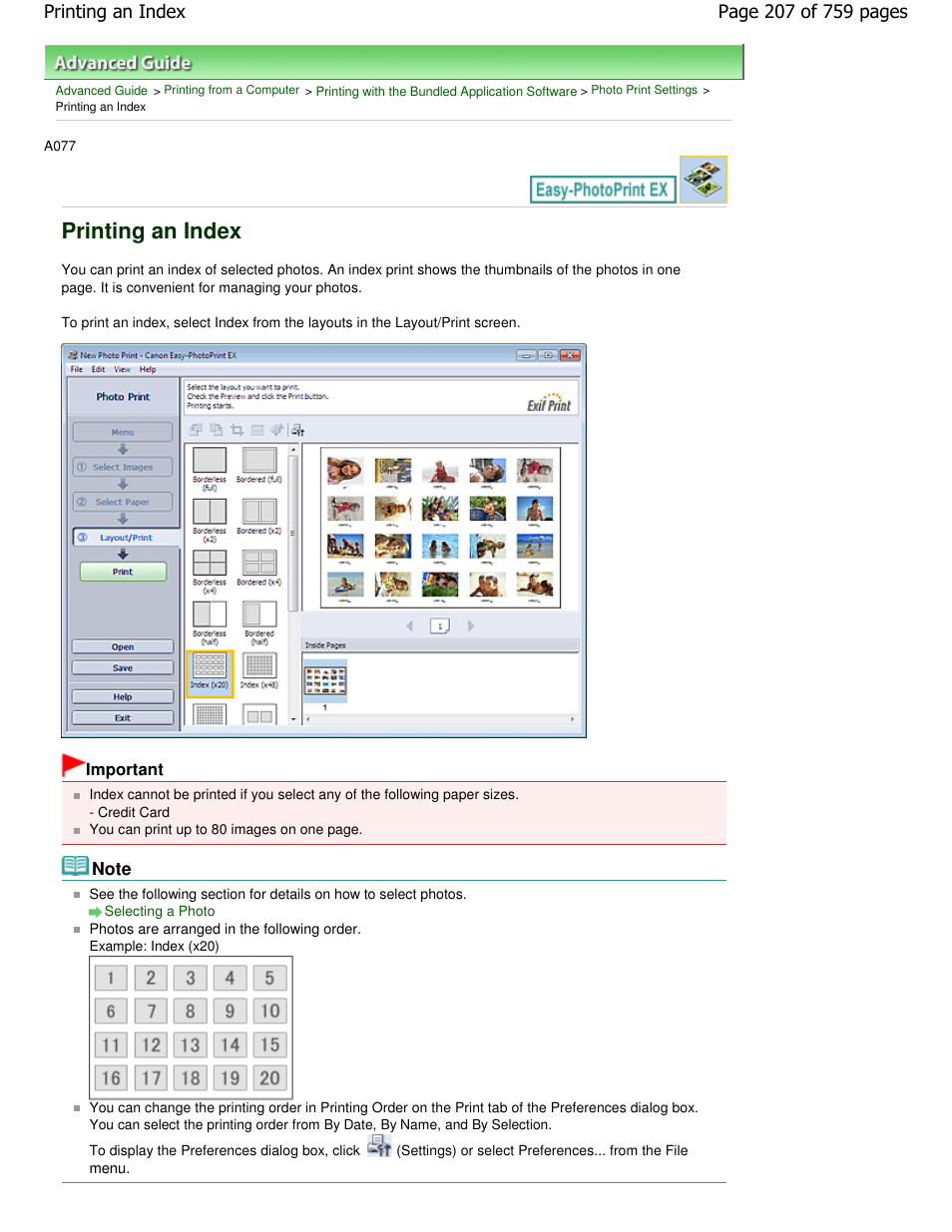 Printing an index | Canon mp495 User Manual | Page 207 / 759