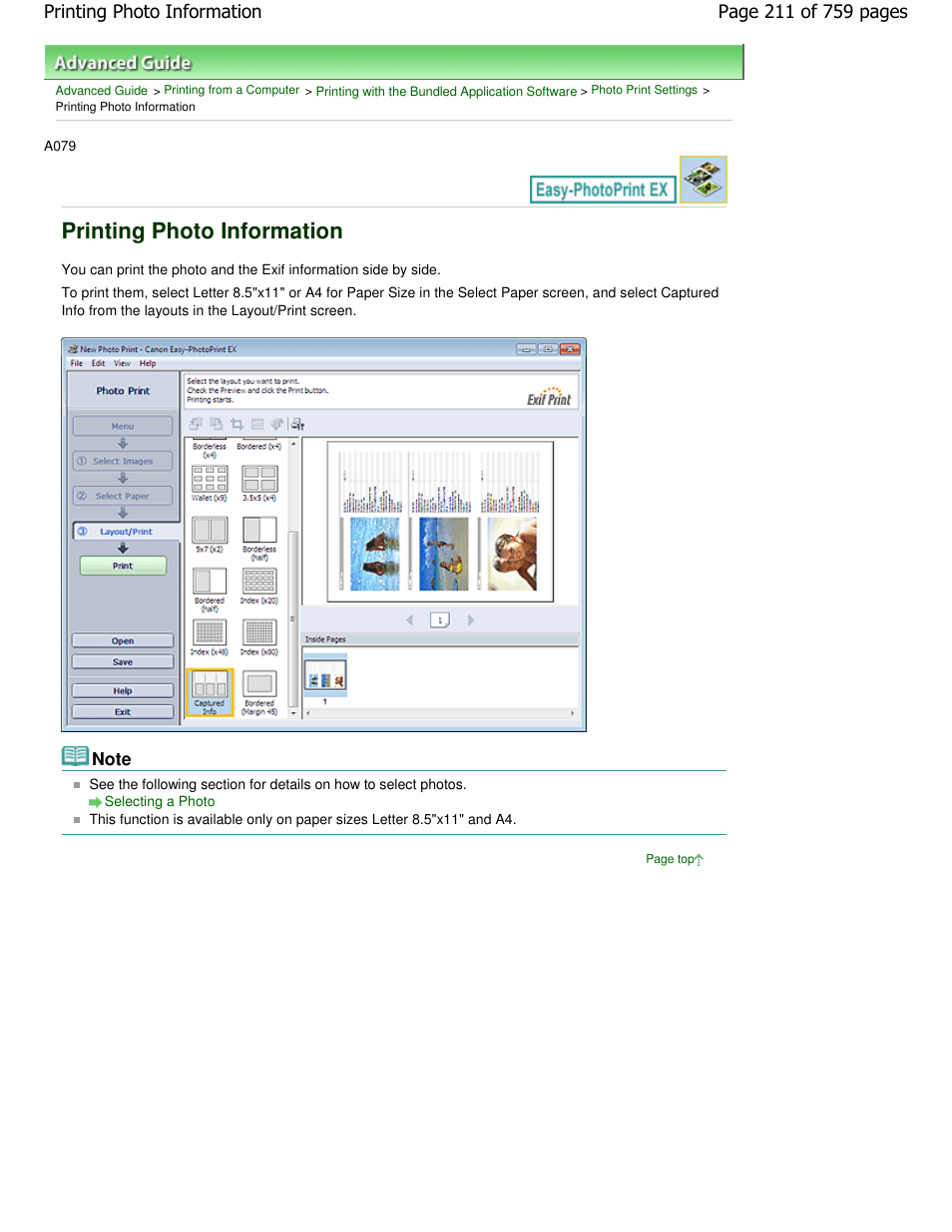 Printing photo information | Canon mp495 User Manual | Page 211 / 759