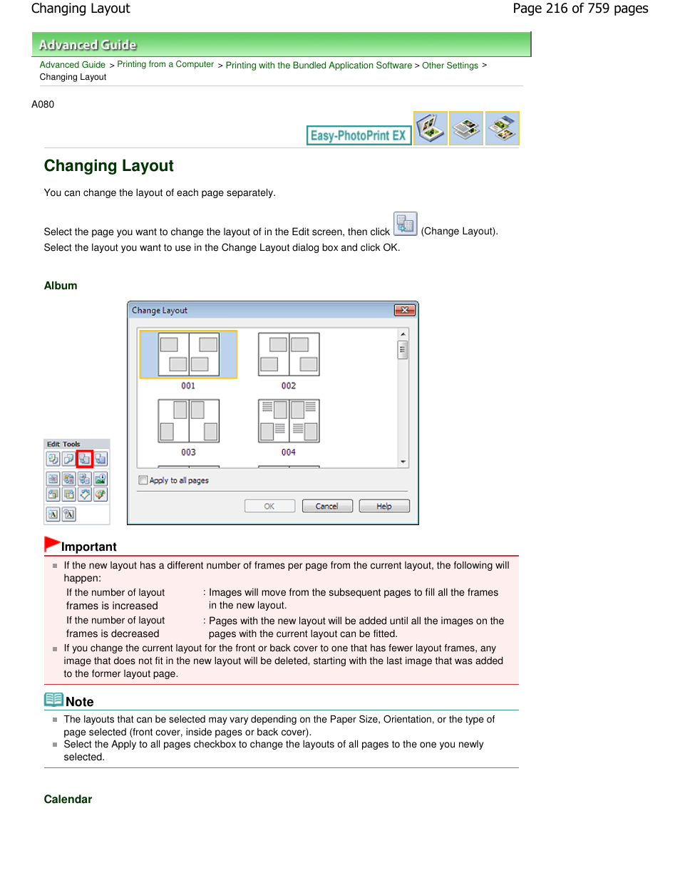 Changing layout | Canon mp495 User Manual | Page 216 / 759