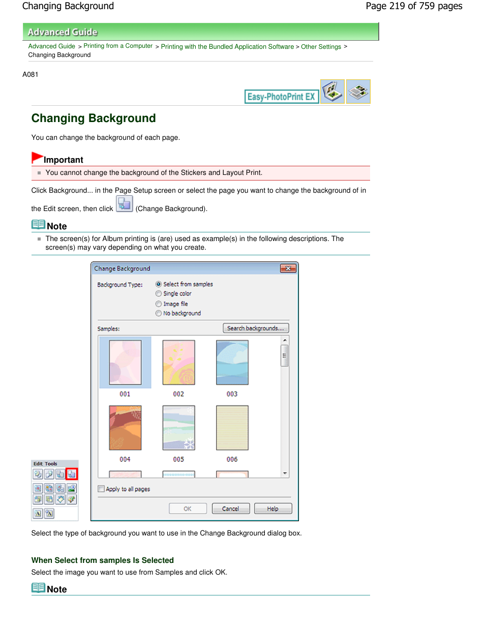 Changing background | Canon mp495 User Manual | Page 219 / 759
