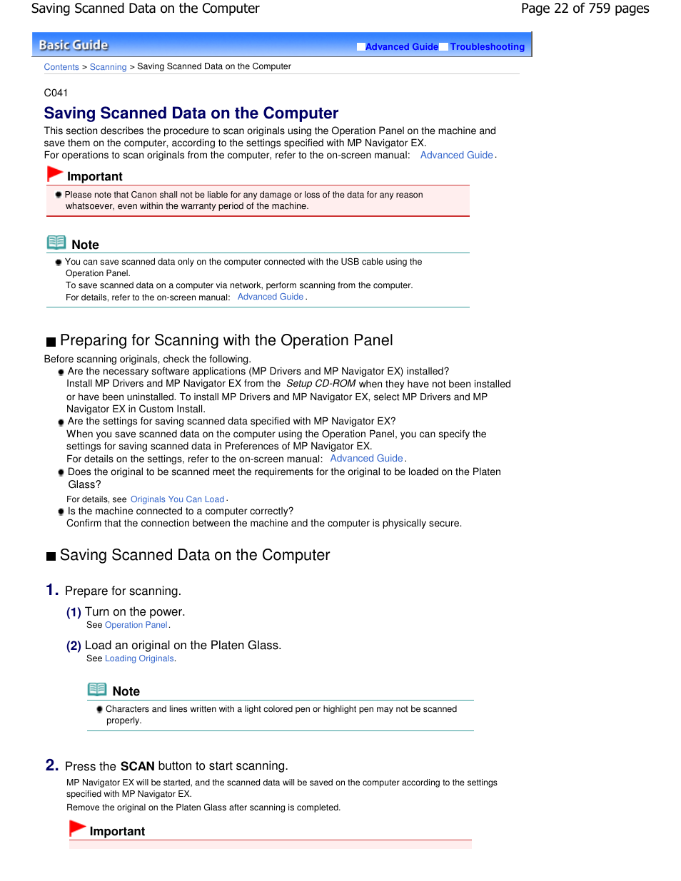Saving scanned data on the computer, Preparing for scanning with the operation panel | Canon mp495 User Manual | Page 22 / 759