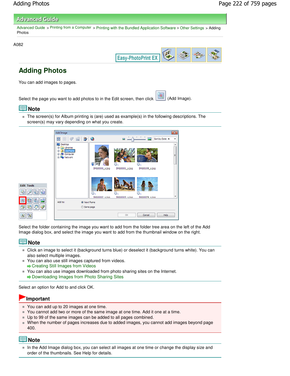 Adding photos | Canon mp495 User Manual | Page 222 / 759