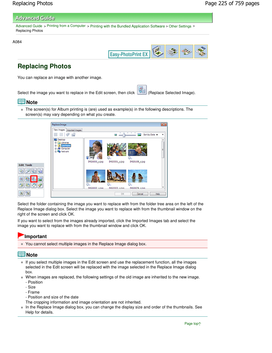 Replacing photos | Canon mp495 User Manual | Page 225 / 759