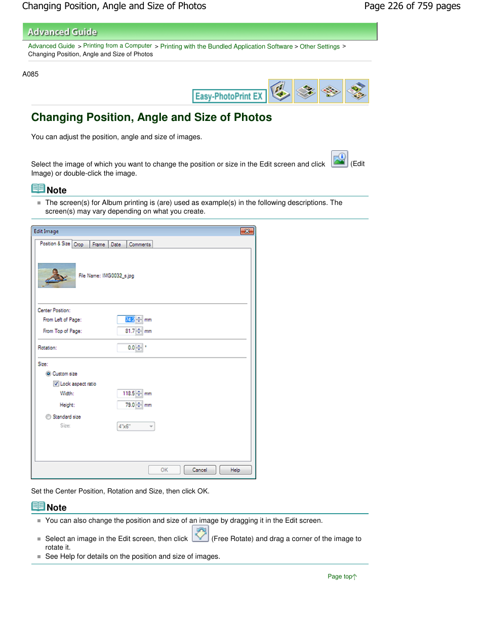 Changing position, angle and size of photos | Canon mp495 User Manual | Page 226 / 759