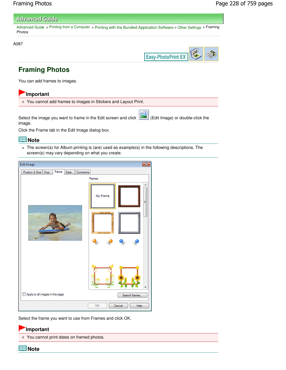 Framing photos | Canon mp495 User Manual | Page 228 / 759