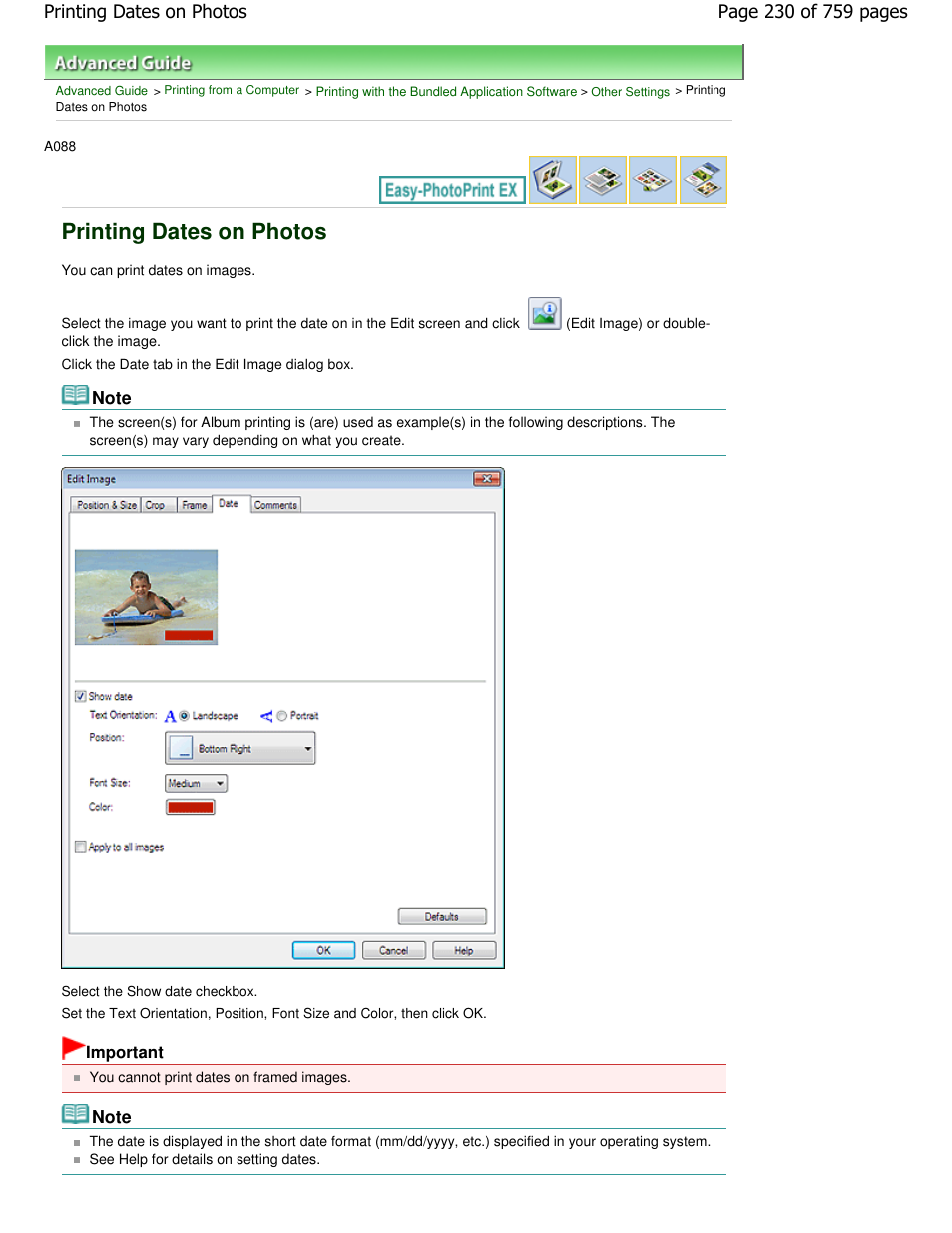 Printing dates on photos | Canon mp495 User Manual | Page 230 / 759