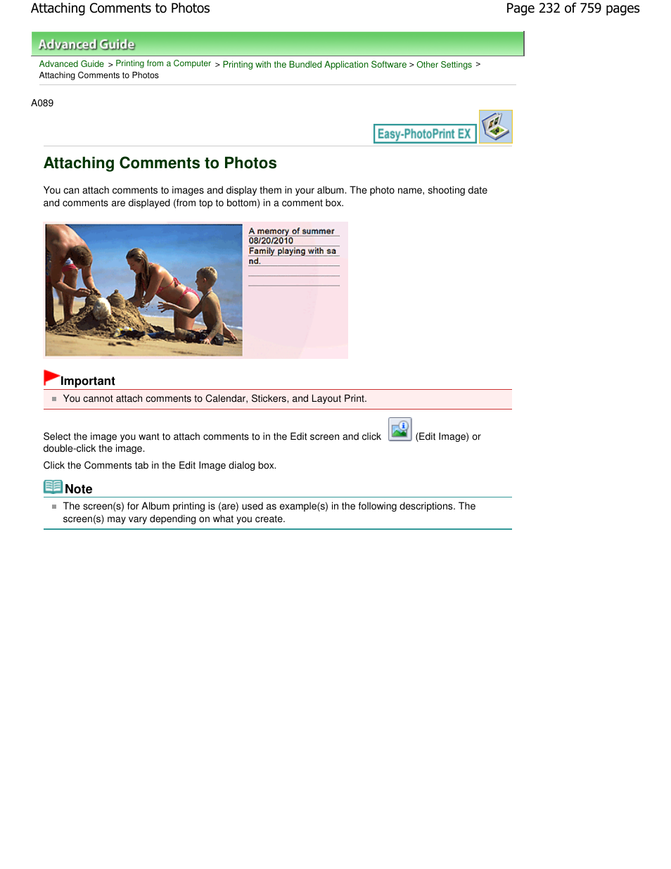 Attaching comments to photos | Canon mp495 User Manual | Page 232 / 759
